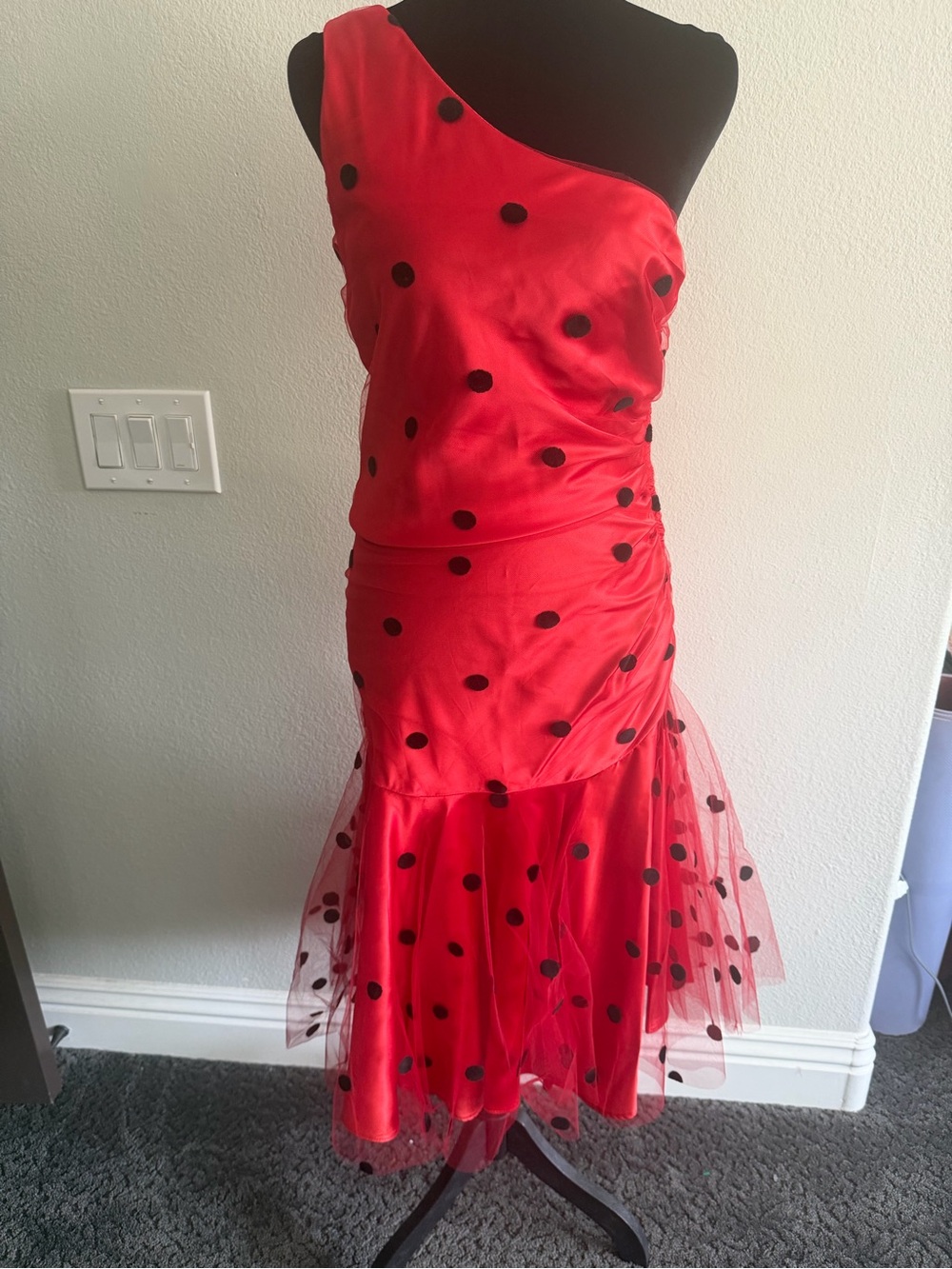Gunne Sax Vintage Red One-Shoulder Polka Dot Tulle Mermaid Dress Prom Formal VTG